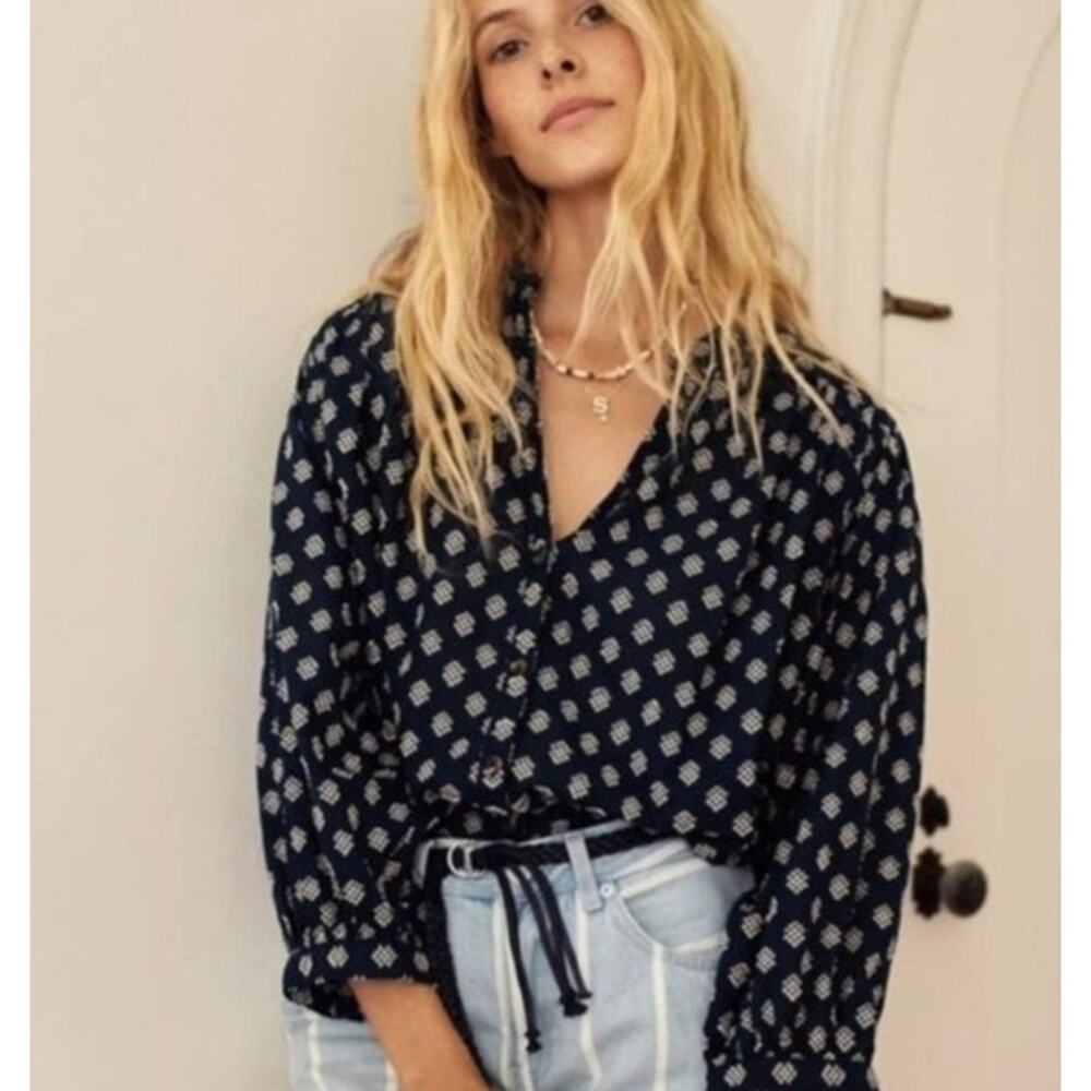 Anthropologie Navy Printed Button-Front Blouse
